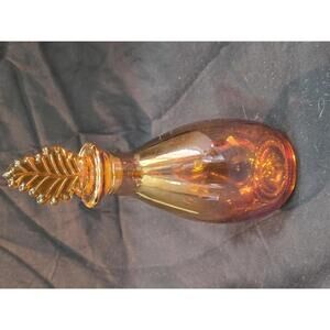 VTG Rose CARNIVAL GLASS MOON WATER Aurora Perfume BOTTLE with Leaf Stopper